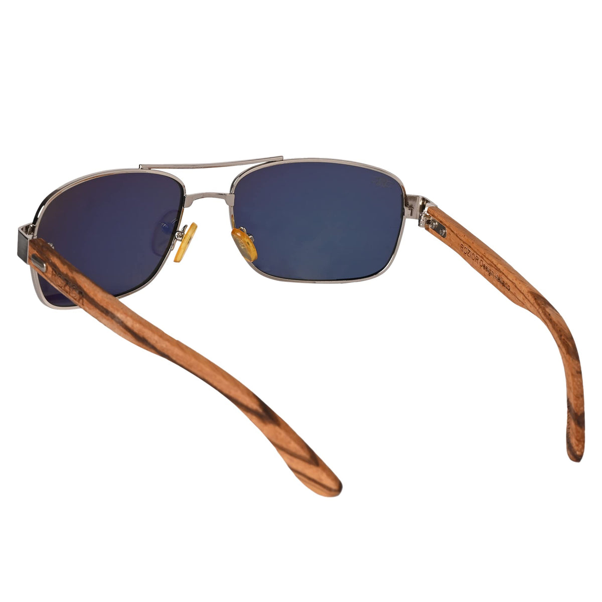 Close-up of ROZIOR RWP1701M3 polarized sunglasses showing premium gold polarized lenses and silver frame