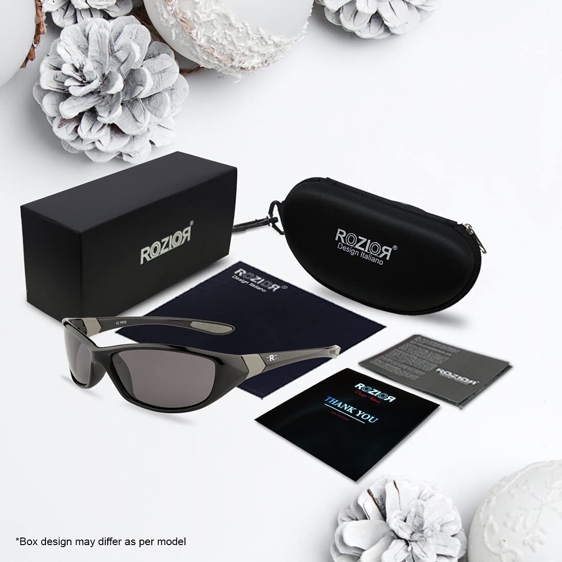 Side profile of ROZIOR polarized UV400 sunglasses with lightweight black frame and smoke lenses for men and women