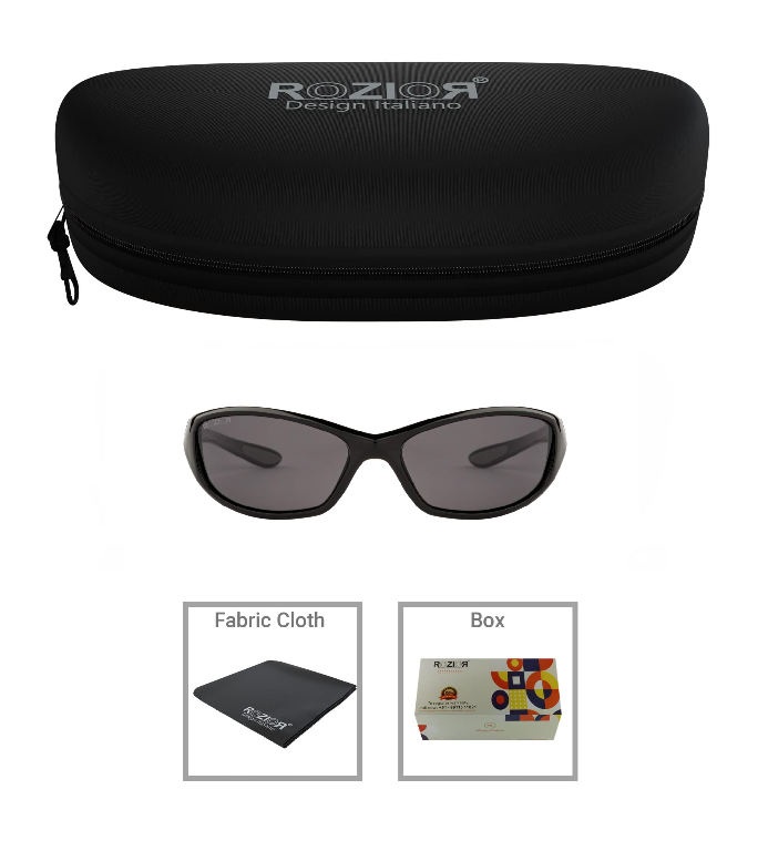 Side profile of ROZIOR polarized UV400 sunglasses with lightweight black frame and smoke lenses for men and women
