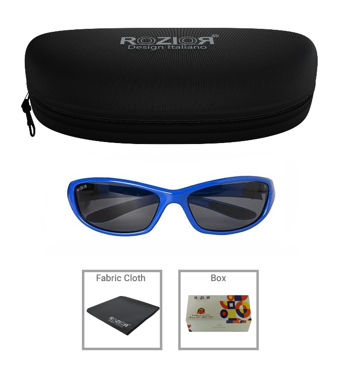 Side profile of ROZIOR polarized UV400 sunglasses with lightweight blue frame and smoke lenses for men and women