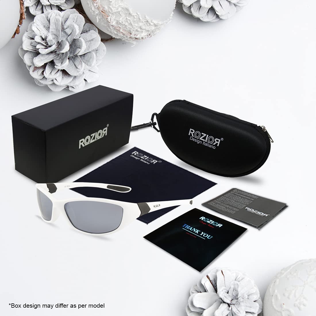 Side profile of ROZIOR polarized UV400 sunglasses with lightweight white frame and silver mirror lenses
