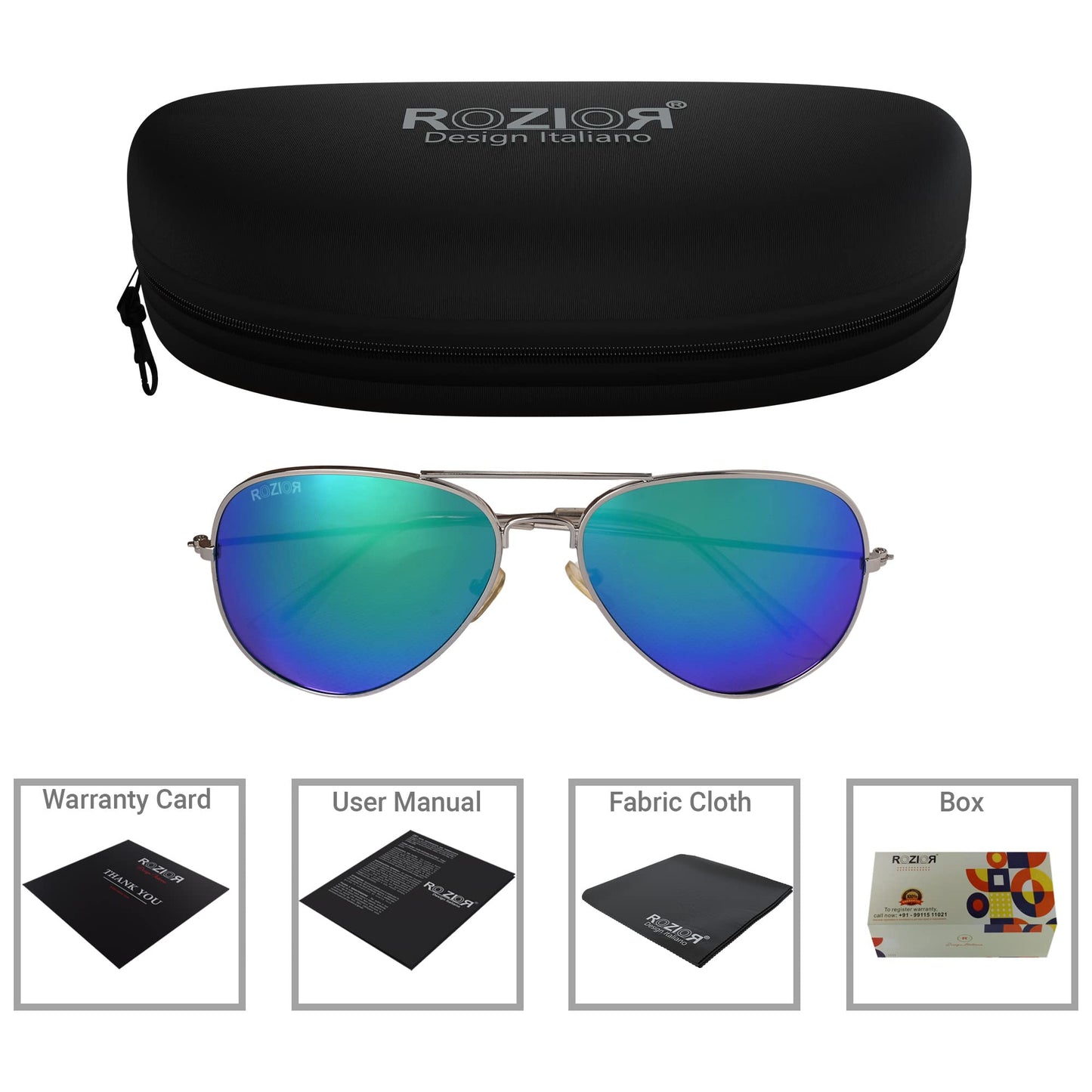 Side profile of ROZIOR polarized aviator UV400 sunglasses with lightweight silver frame and green mirror lenses
