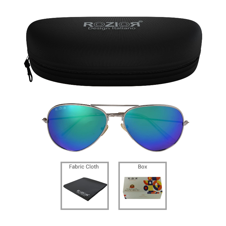 Side profile of ROZIOR polarized aviator UV400 sunglasses with lightweight silver frame and green mirror lenses