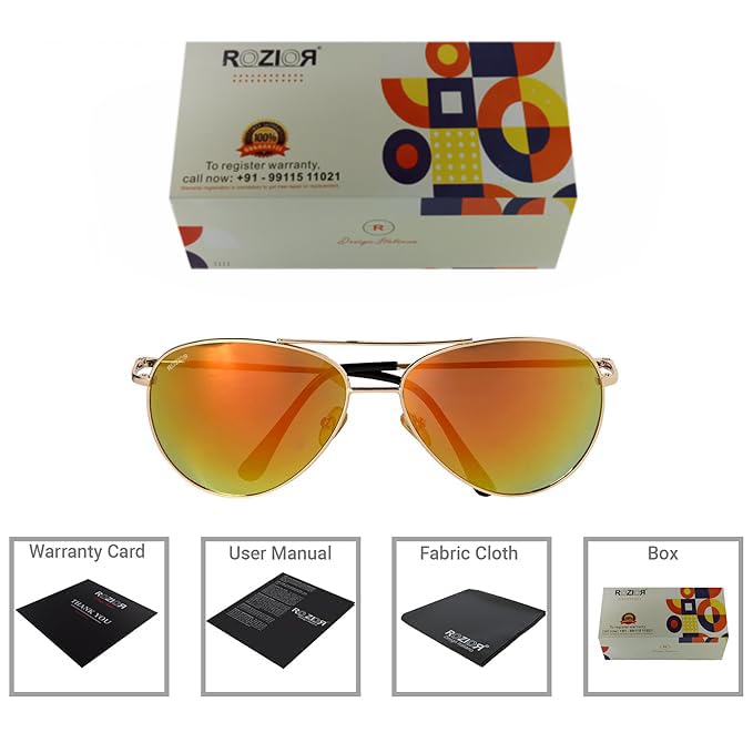 Side profile of ROZIOR UV400 sunglasses with lightweight gold frame and gold lenses for men and women
