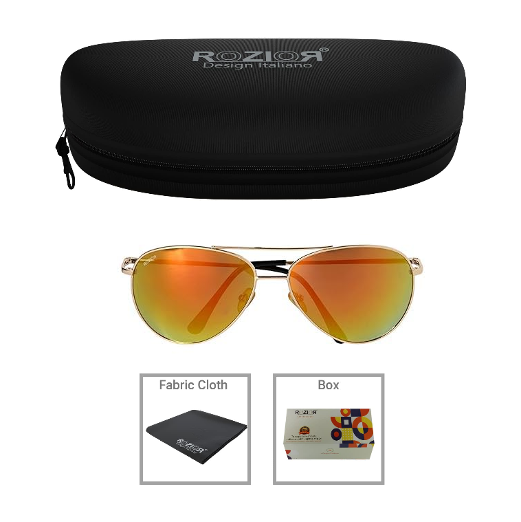 Side profile of ROZIOR UV400 sunglasses with lightweight gold frame and gold lenses for men and women