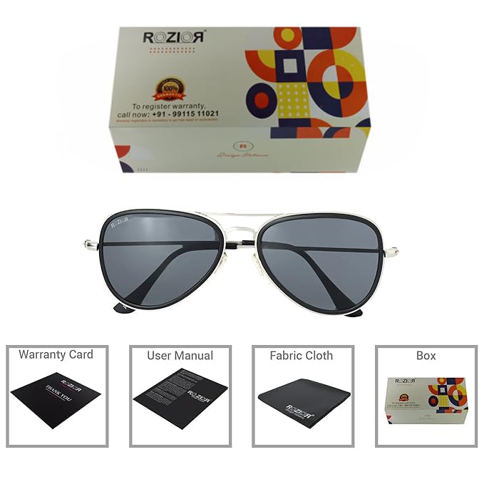 Side profile of ROZIOR men and women aviator sunglasses with lightweight black frame and black UV400 lenses