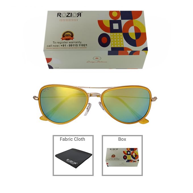 Side profile of ROZIOR men and women aviator sunglasses with lightweight gold frame and gold UV400 lenses