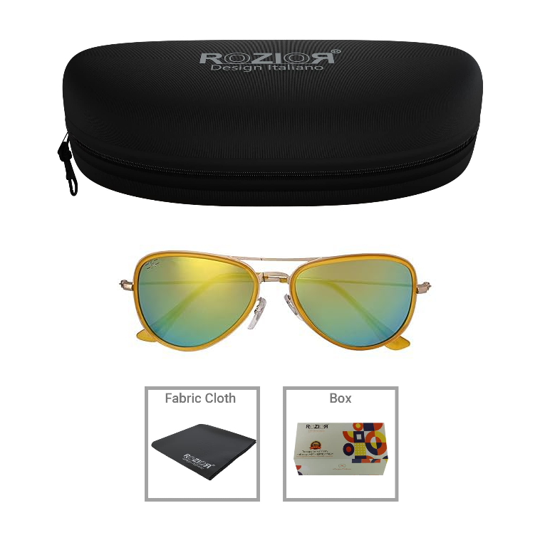 Side profile of ROZIOR men and women aviator sunglasses with lightweight gold frame and gold UV400 lenses