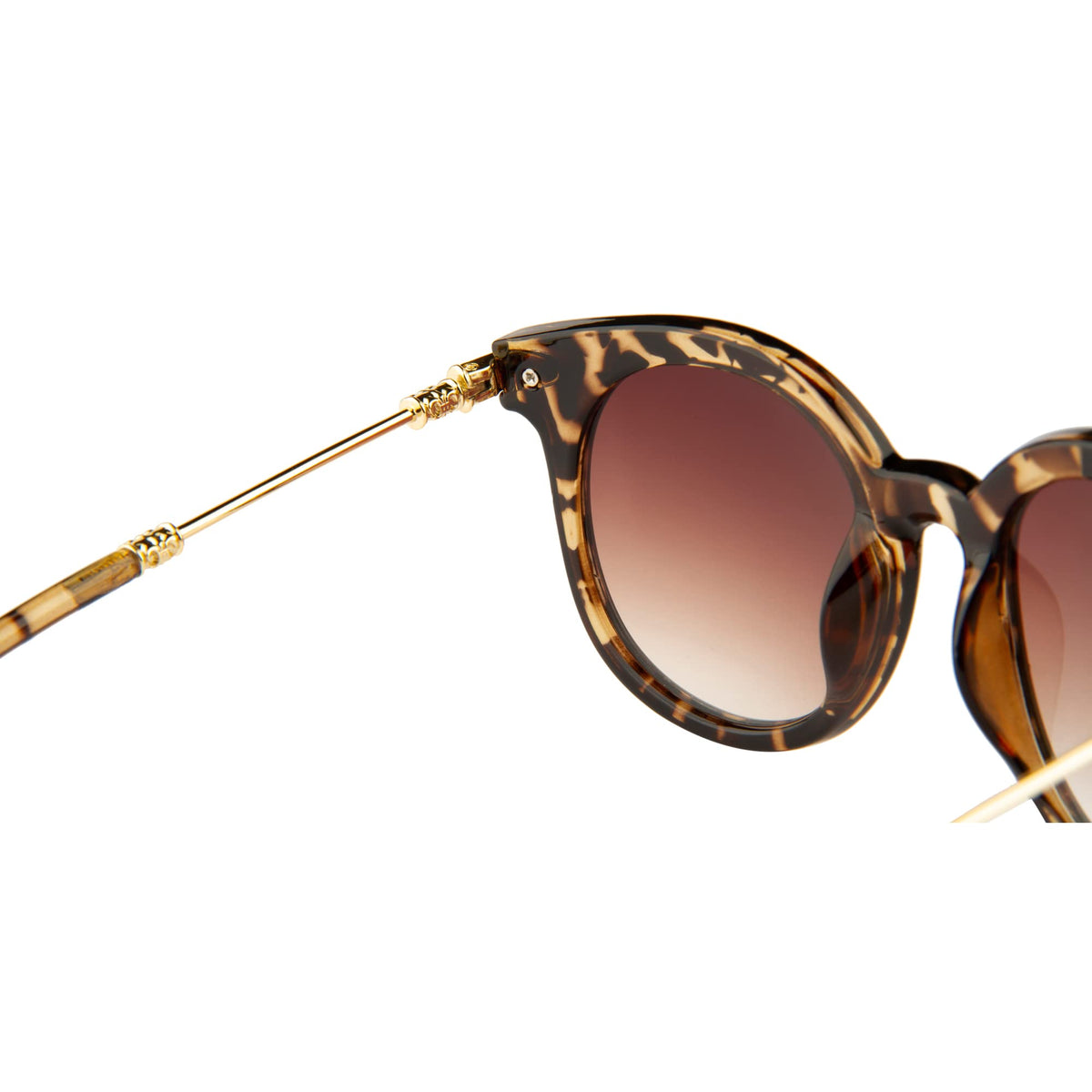 Side profile of ROZIOR round UV400 sunglasses with lightweight tortoise frame and brown lenses