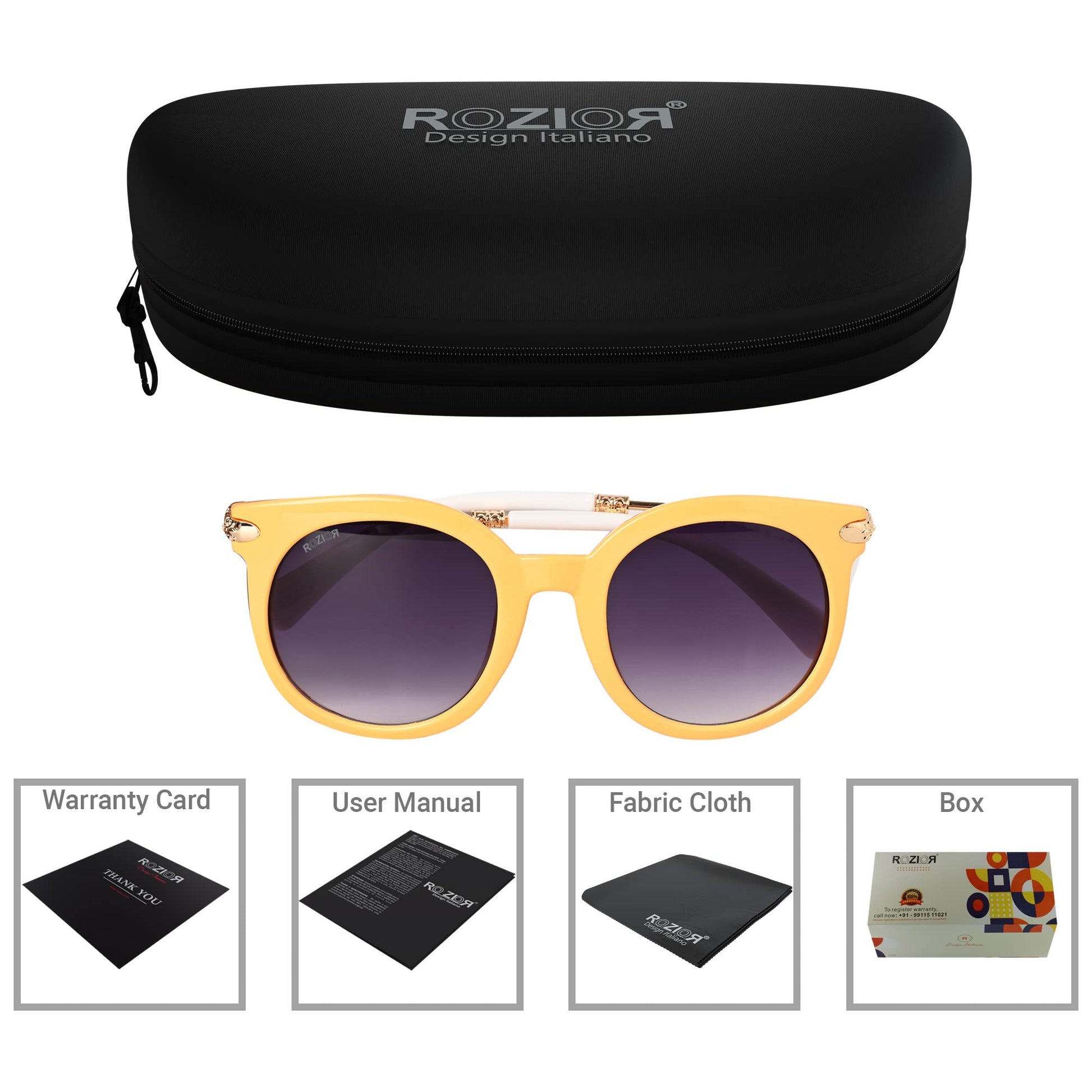 Side profile of ROZIOR UV400 sunglasses with lightweight yellow frame and gradient smoke lenses for men and women