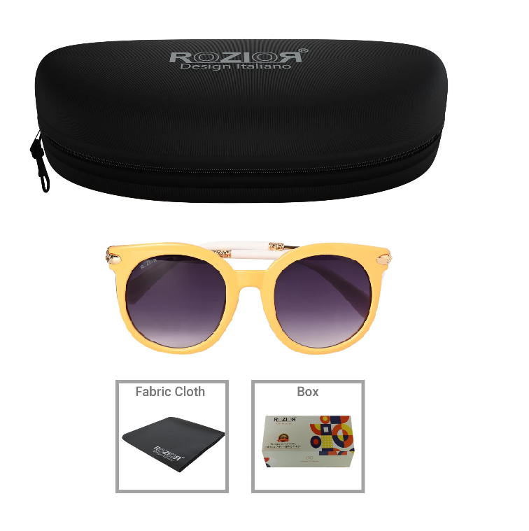 Side profile of ROZIOR UV400 sunglasses with lightweight yellow frame and gradient smoke lenses for men and women