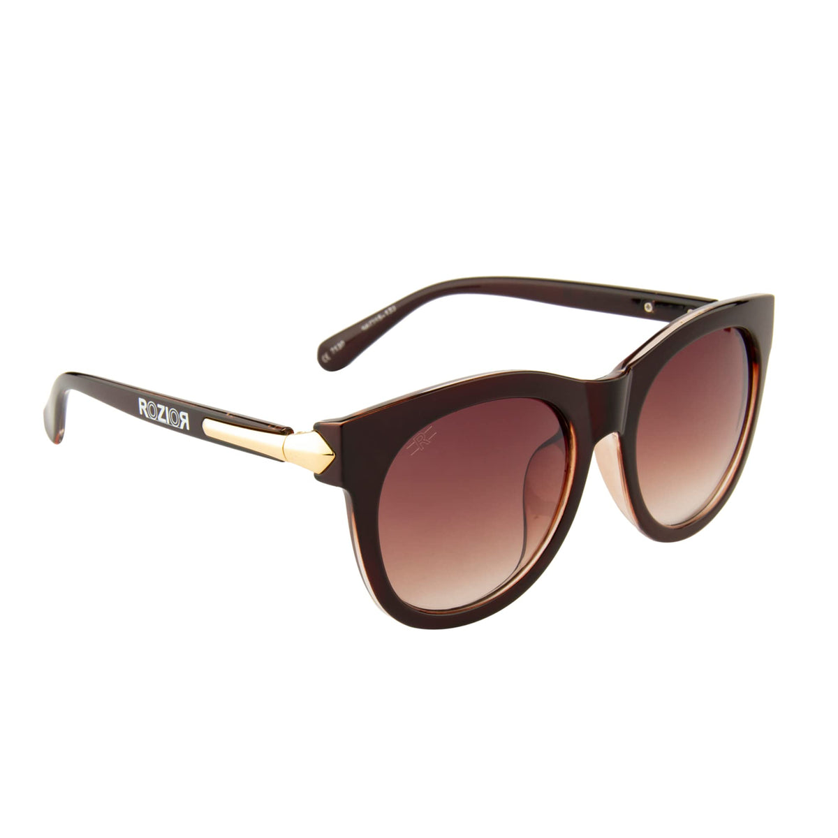 Side profile of ROZIOR women's cat eye UV400 sunglasses with lightweight brown frame and brown lenses