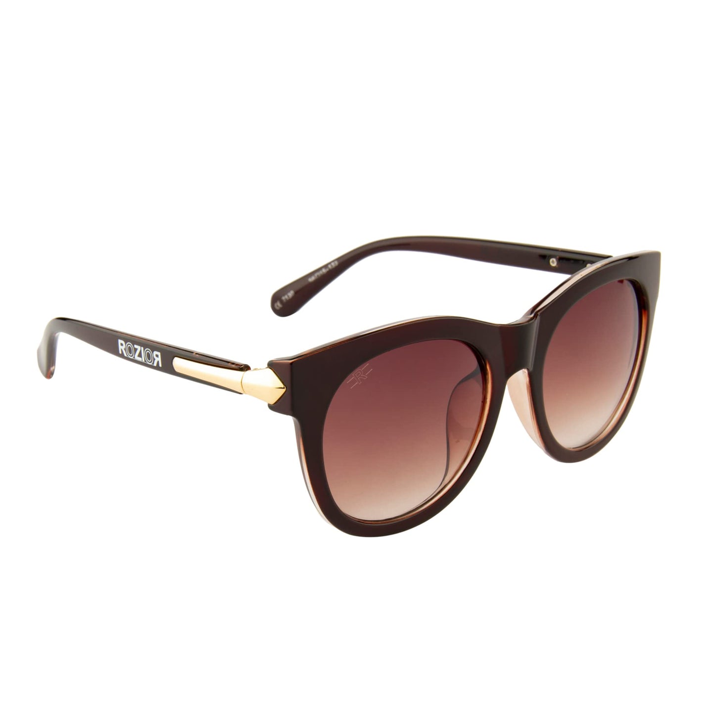 Side profile of ROZIOR women's cat eye UV400 sunglasses with lightweight brown frame and brown lenses