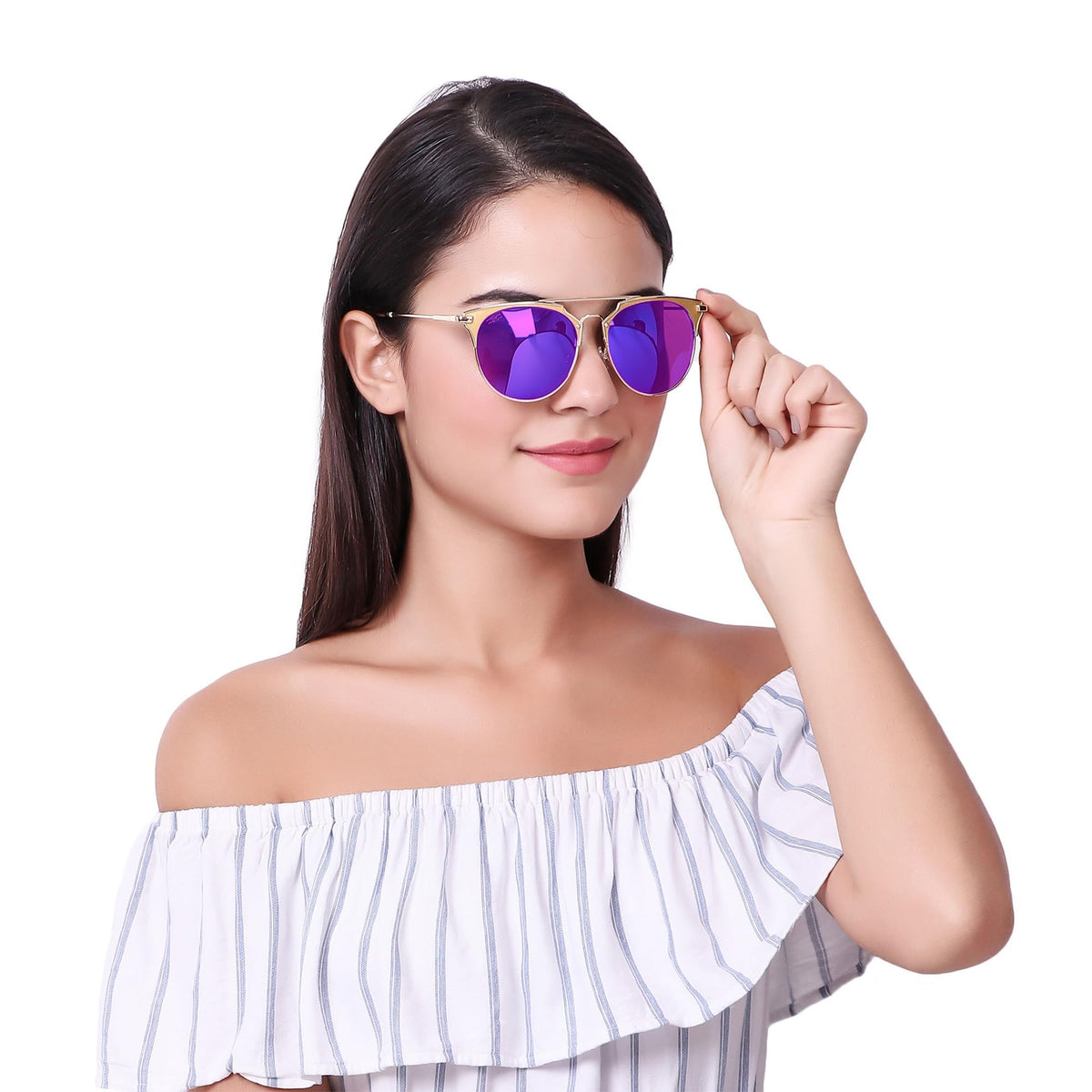 Close-up of ROZIOR RWU2207M4 golden metal frame sunglasses with blue mirror UV protection lenses.