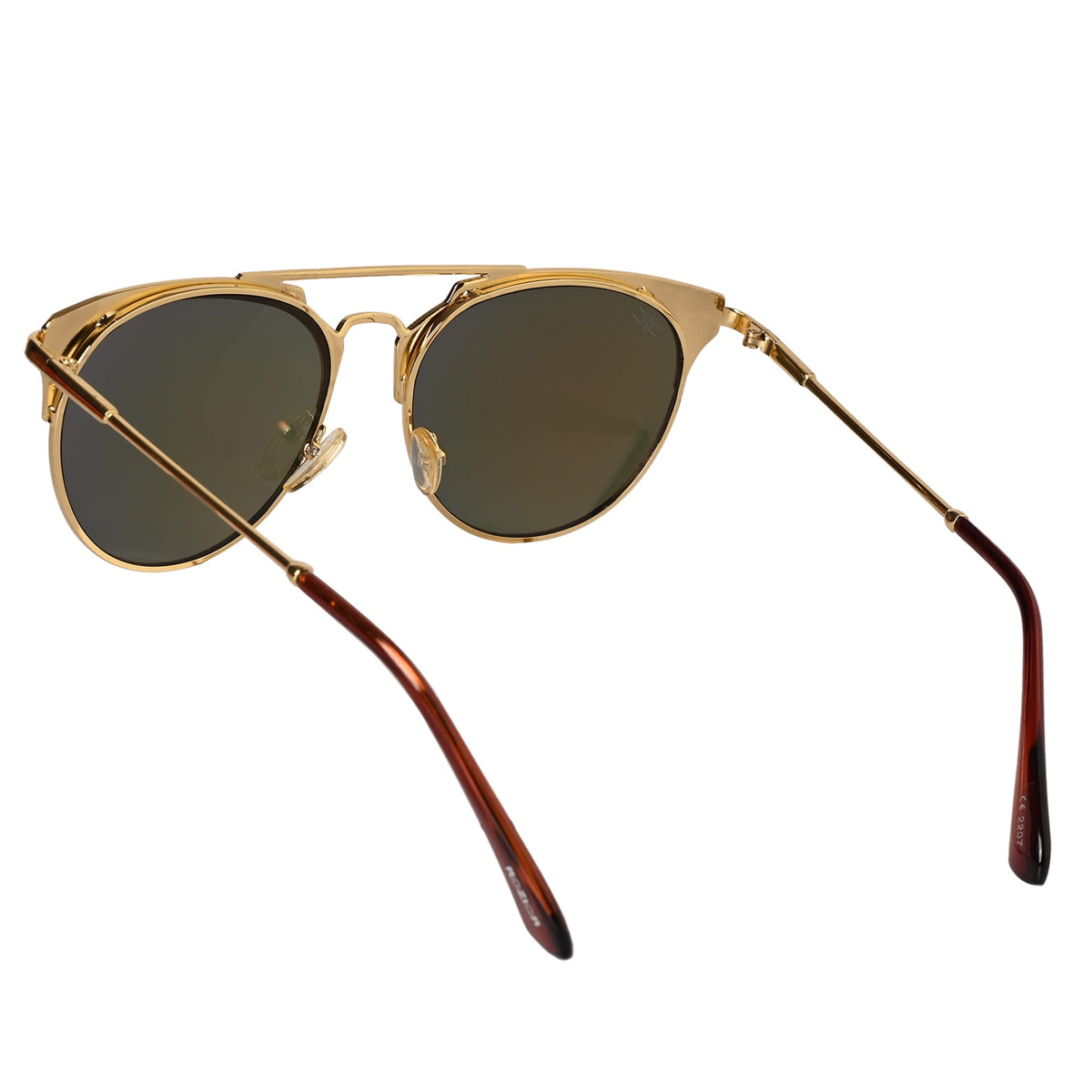 Close-up of ROZIOR RWU2207M5 golden metal frame sunglasses with reflective red mirror UV protection lenses.