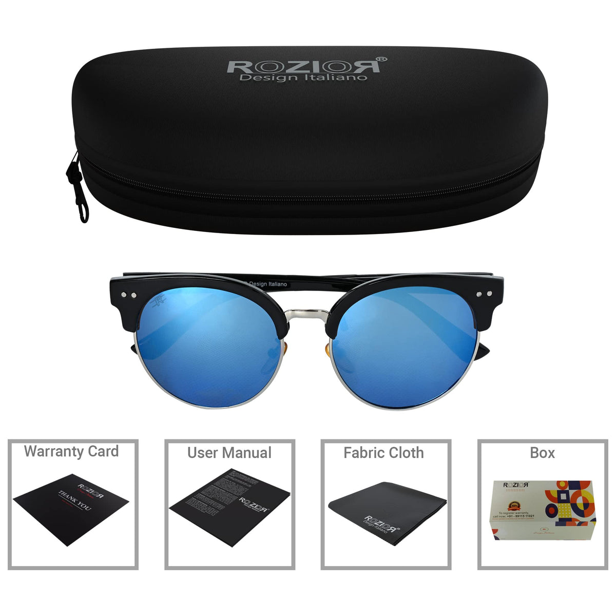 Side profile of ROZIOR UV400 sunglasses with lightweight black frame and blue mirror lenses for men and women