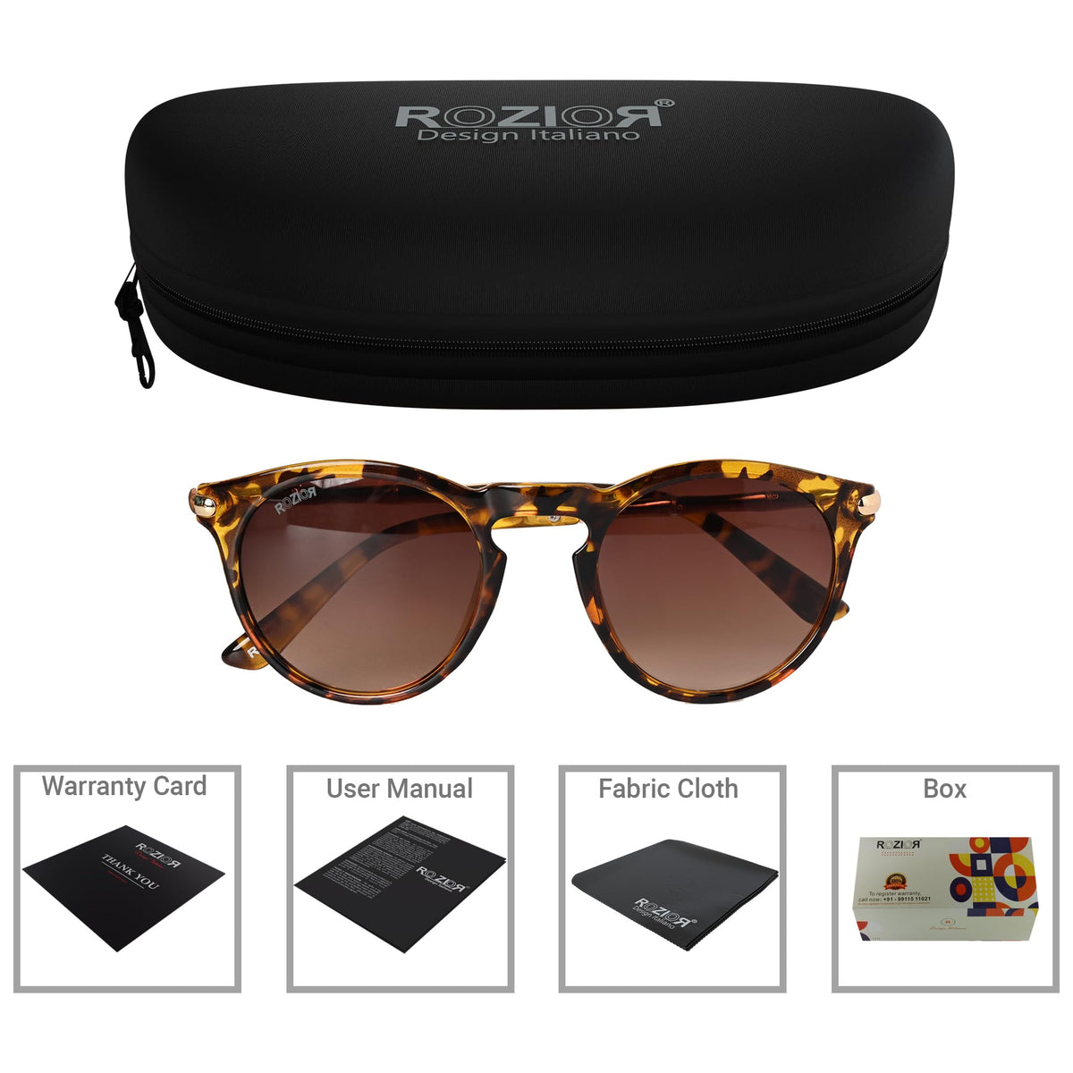 Side profile of ROZIOR UV400 sunglasses with lightweight tortoise frame and brown lenses for men and women