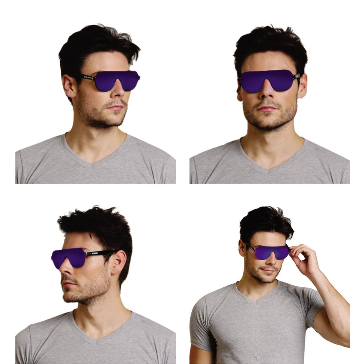 Front profile of ROZIOR men's and women's UV400 sunglasses with black frame and blue mirror lenses model RWUF1006M4