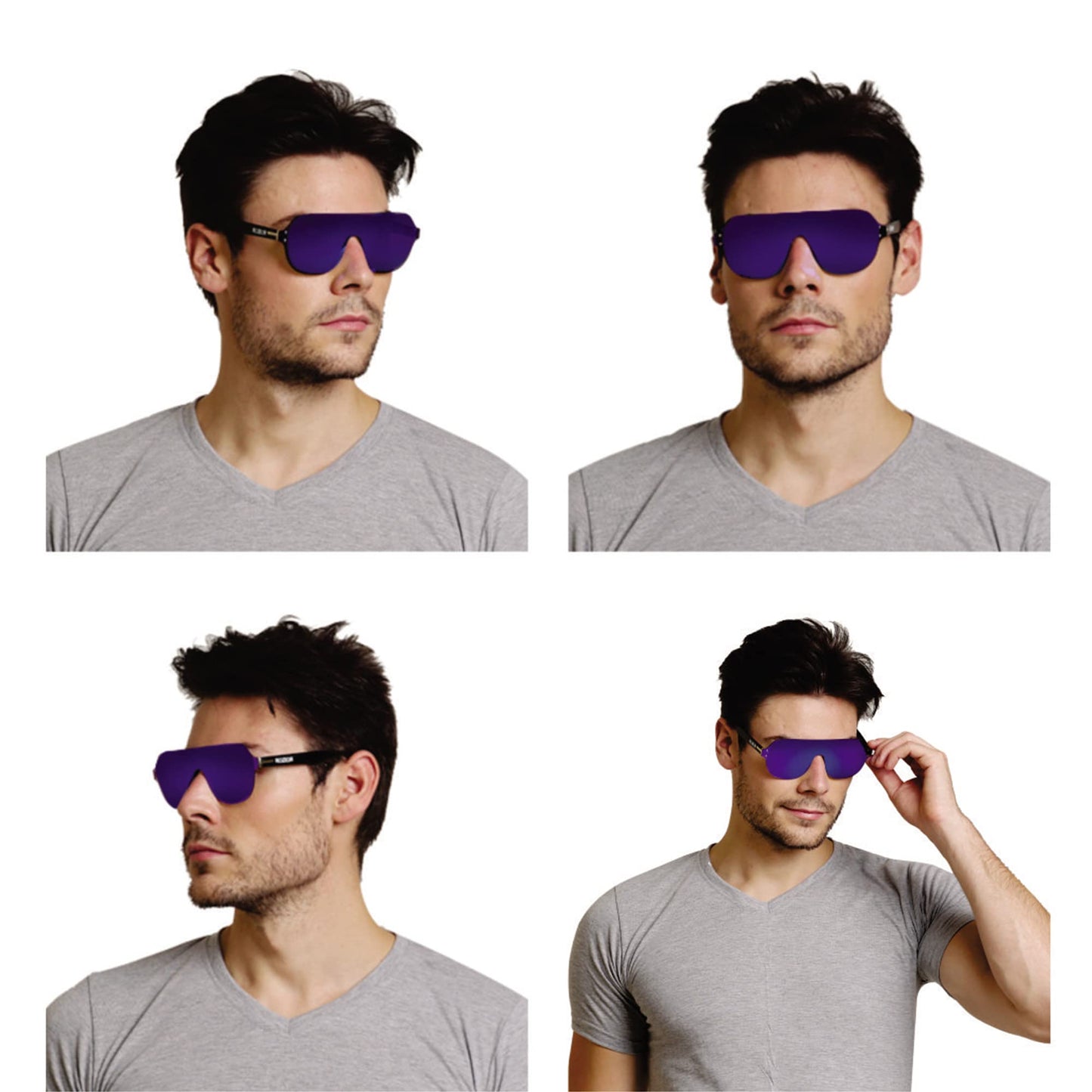 Front profile of ROZIOR men's and women's UV400 sunglasses with black frame and blue mirror lenses model RWUF1006M4
