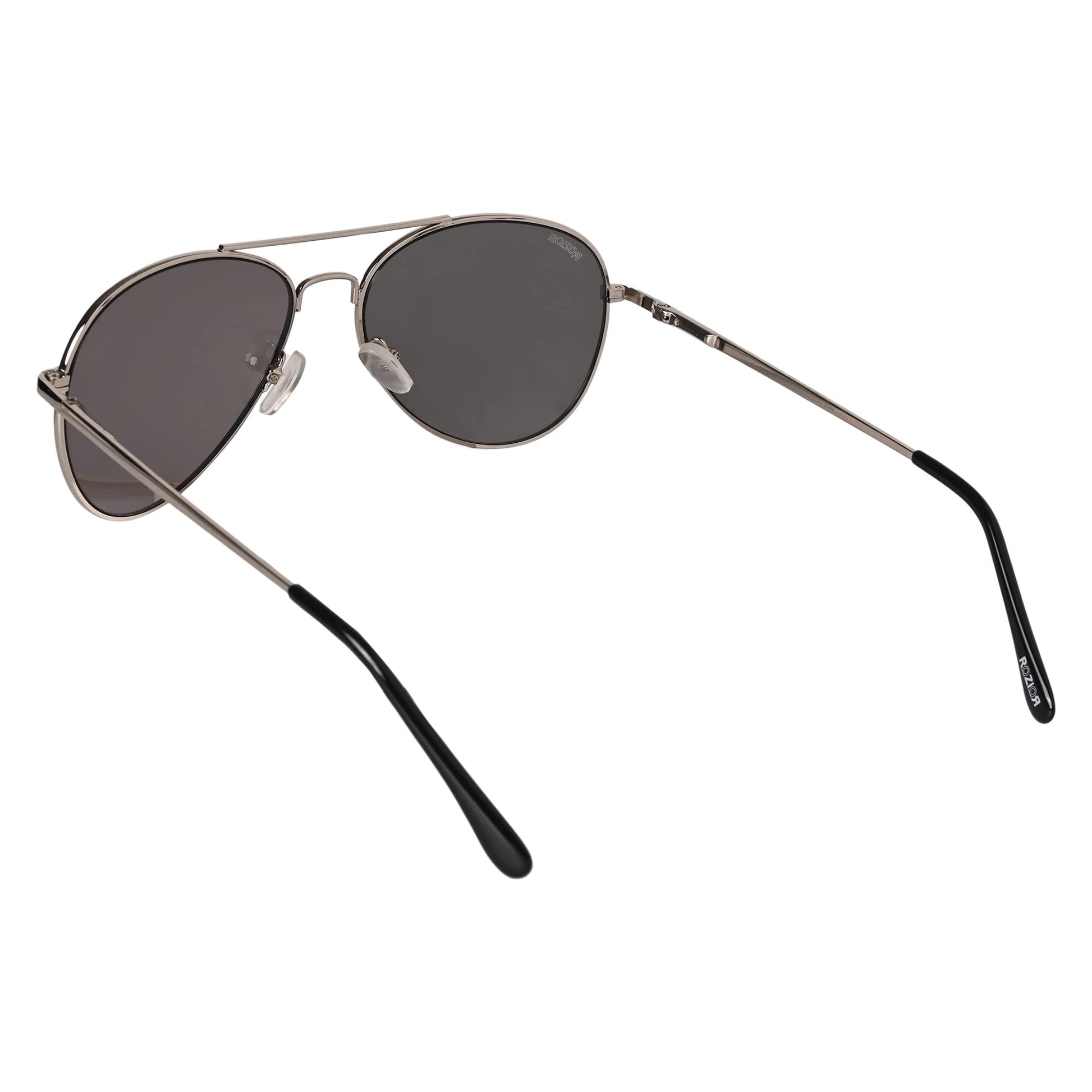 Close-up of ROZIOR silver frame aviator sunglasses with silver mirror UV protection lenses