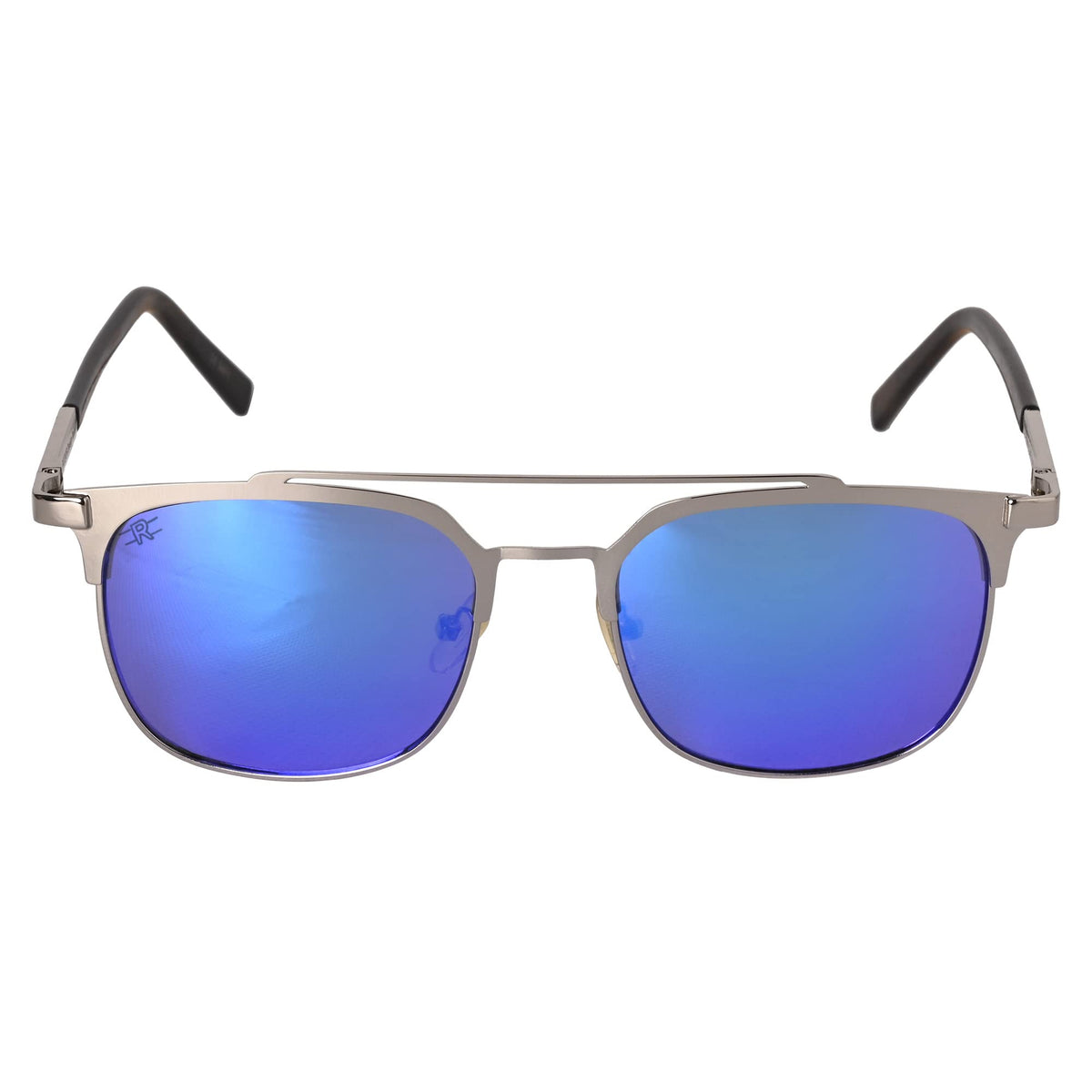 Angled view of ROZIOR unisex sunglasses featuring a silver frame and blue UV400 lenses