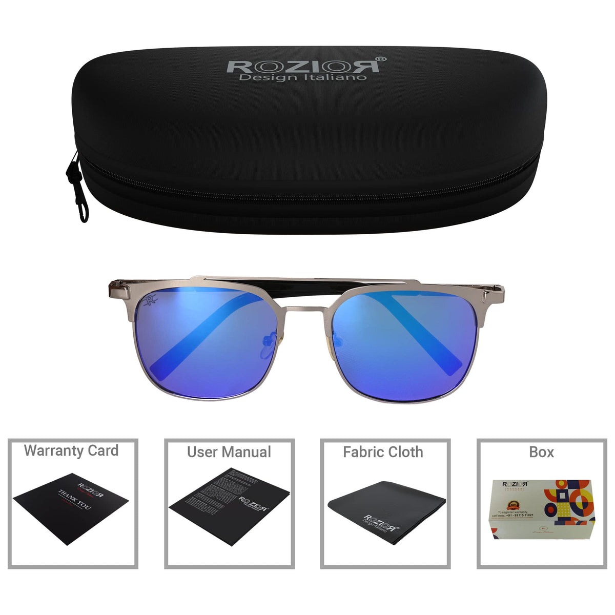 Side profile of ROZIOR UV400 sunglasses with lightweight silver frame and blue lenses for men and women