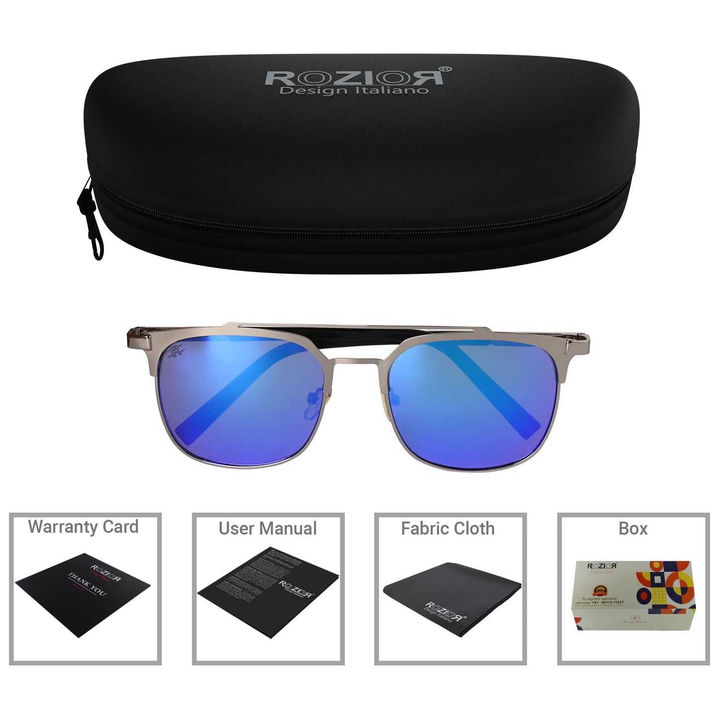 Side profile of ROZIOR UV400 sunglasses with lightweight silver frame and blue lenses for men and women