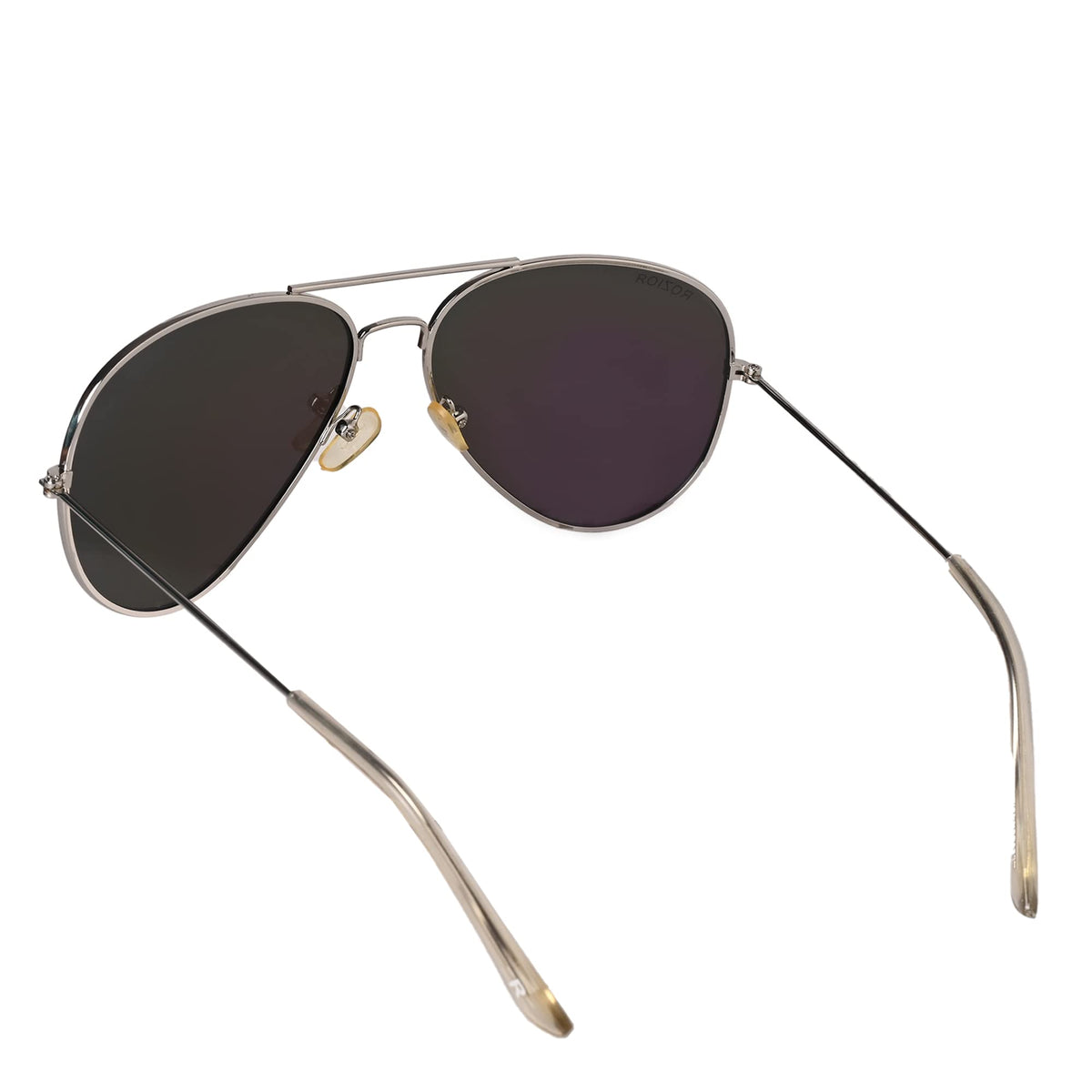 Close-up of ROZIOR aviator sunglasses showcasing green mirror polarized UV400 lenses and premium silver frame