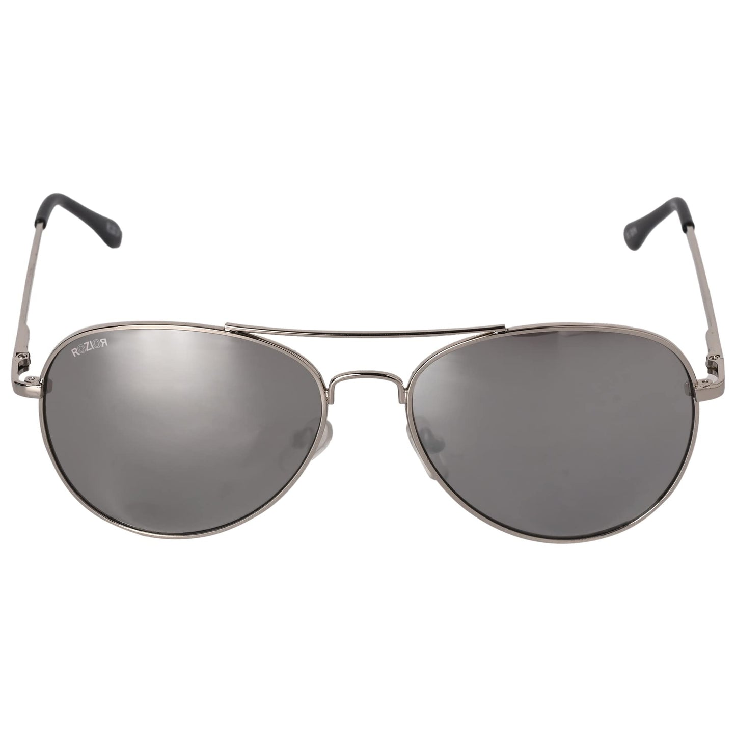 Angled view of ROZIOR aviator sunglasses with silver mirror lenses and premium silver frame