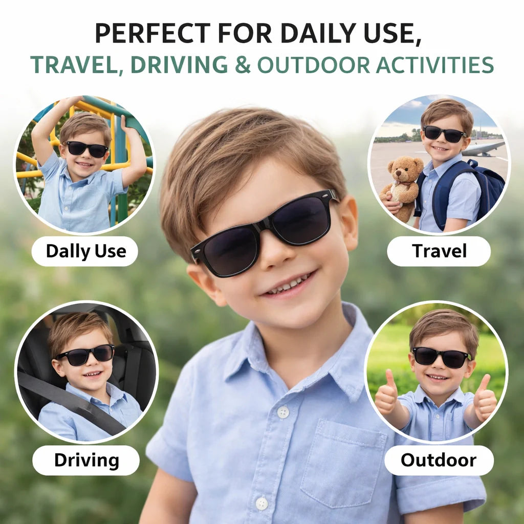 Close-up of ROZIOR smoke lens kids sunglasses with durable black frame and UV400 protection