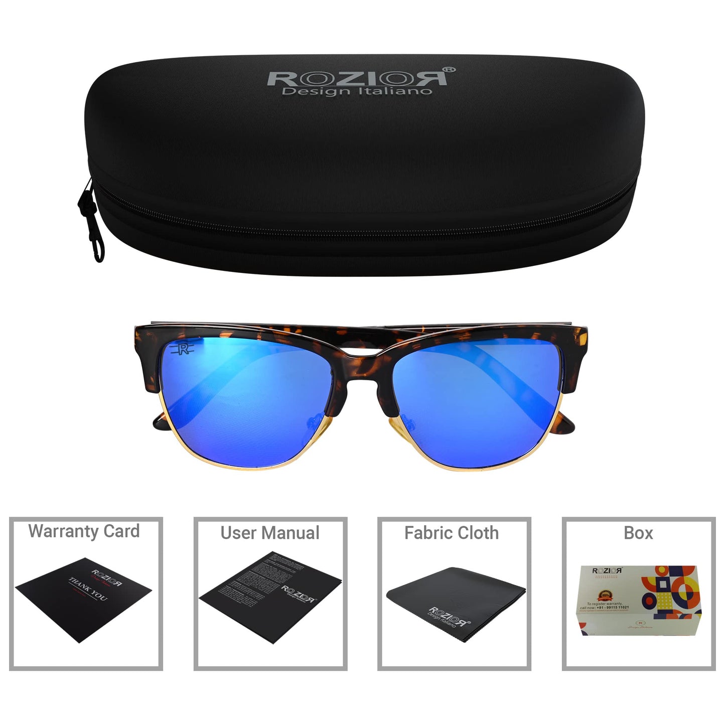 Close-up of ROZIOR tortoise frame polarized sunglasses with blue mirror UV protection lenses