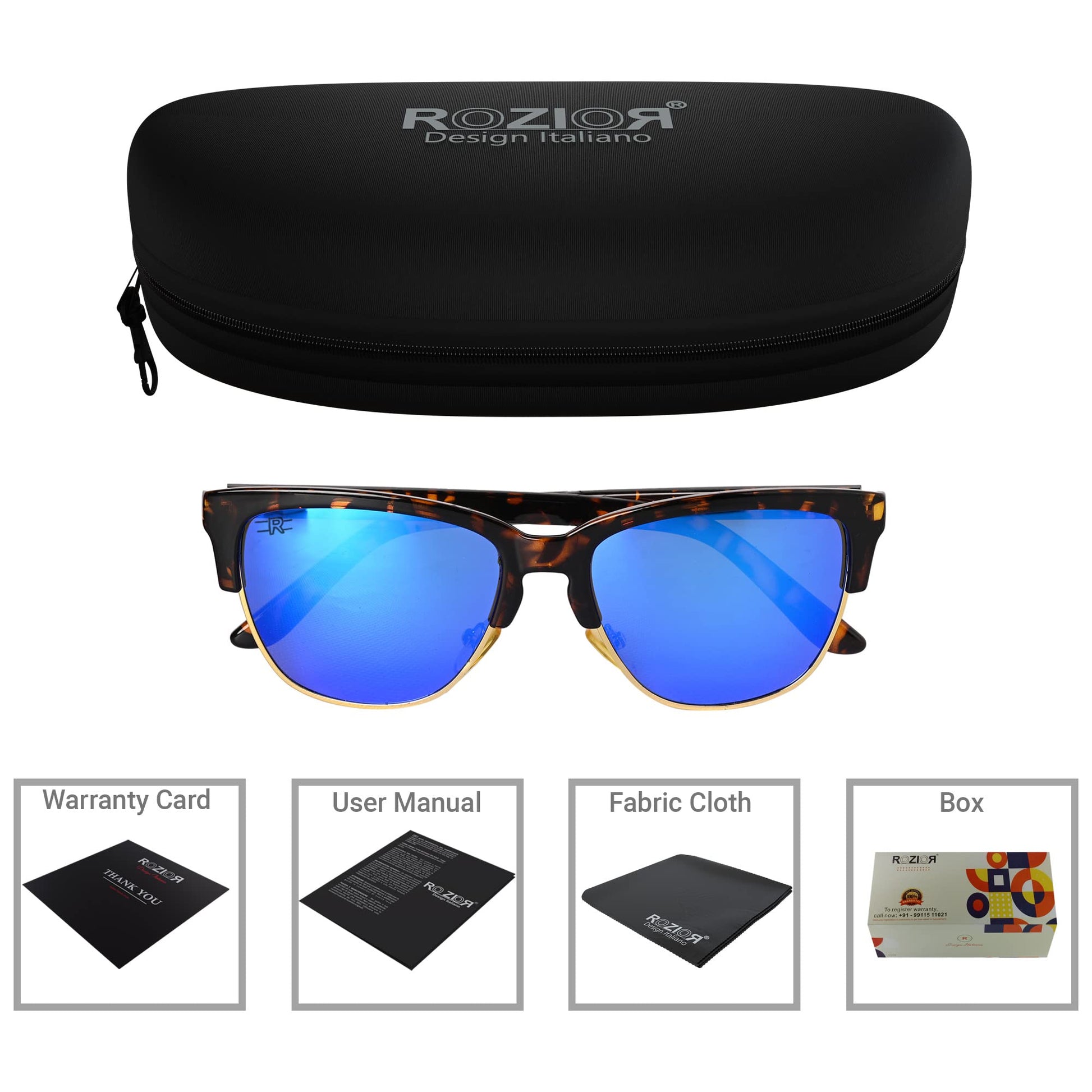 Close-up of ROZIOR tortoise frame polarized sunglasses with blue mirror UV protection lenses