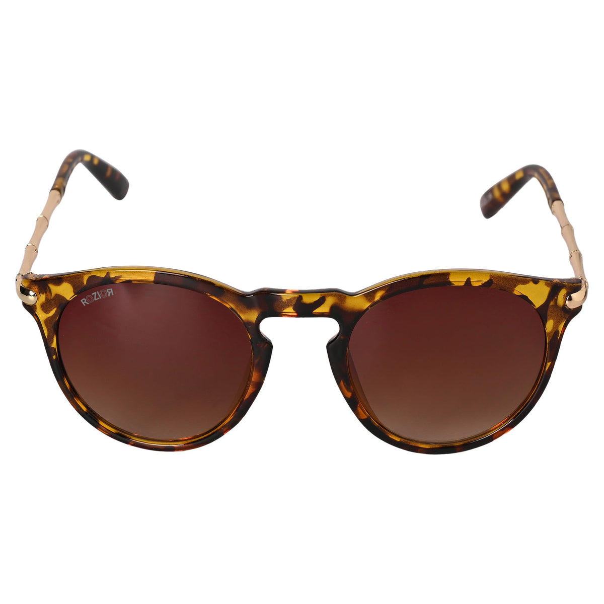 Angled view of ROZIOR unisex sunglasses featuring a tortoise frame and brown UV400 lenses