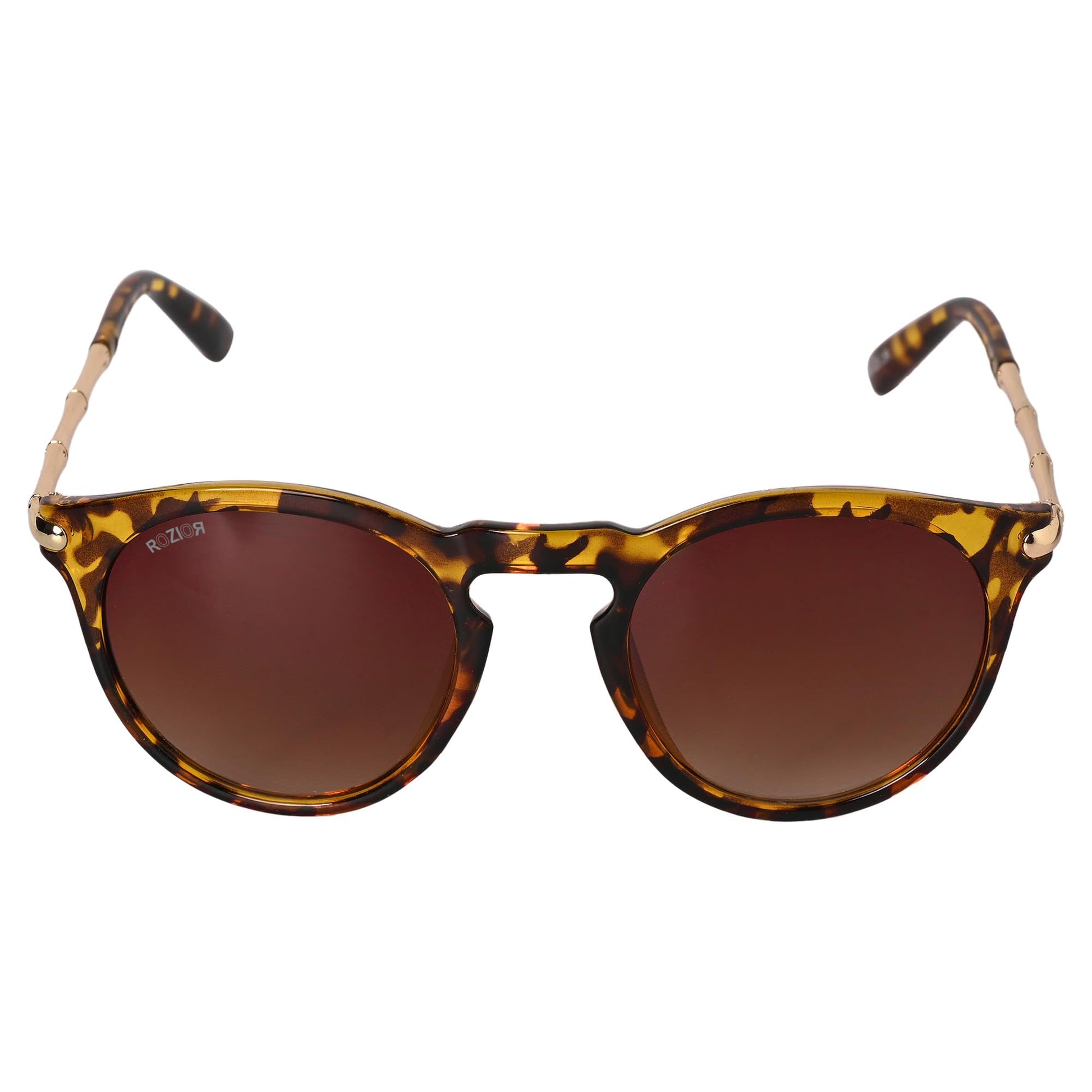 Angled view of ROZIOR unisex sunglasses featuring a tortoise frame and brown UV400 lenses