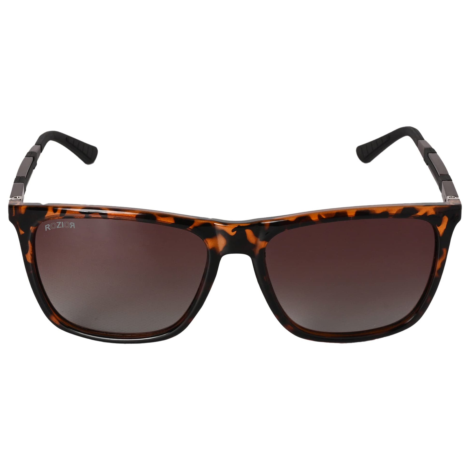 Angled view of ROZIOR polarized sunglasses featuring a tortoise frame and gloss tea lenses for men and women
