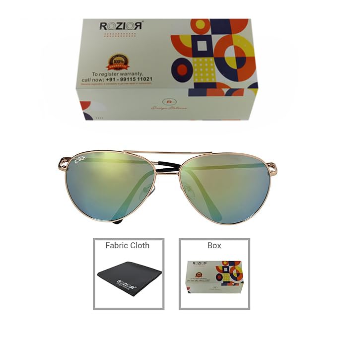 Side profile of ROZIOR unisex aviator sunglasses featuring green mirror UV protection lenses