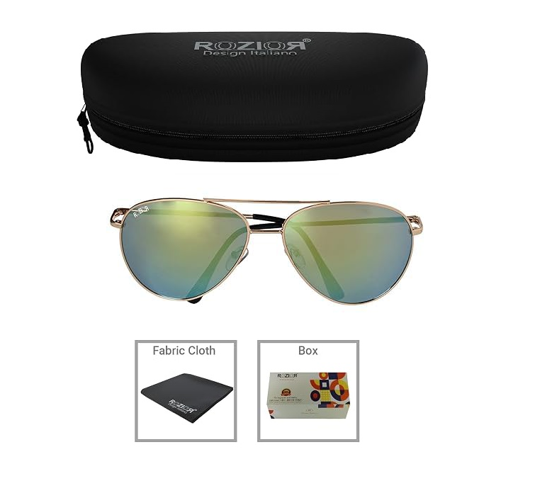 Side profile of ROZIOR unisex aviator sunglasses featuring green mirror UV protection lenses