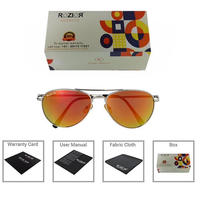 Side profile of ROZIOR unisex aviator sunglasses featuring pink mirror UV protection lenses