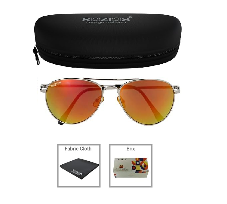 Side profile of ROZIOR unisex aviator sunglasses featuring pink mirror UV protection lenses