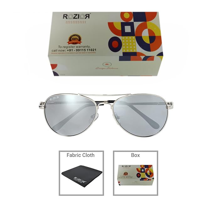 Side profile of ROZIOR unisex aviator sunglasses featuring silver mirror UV protection lenses