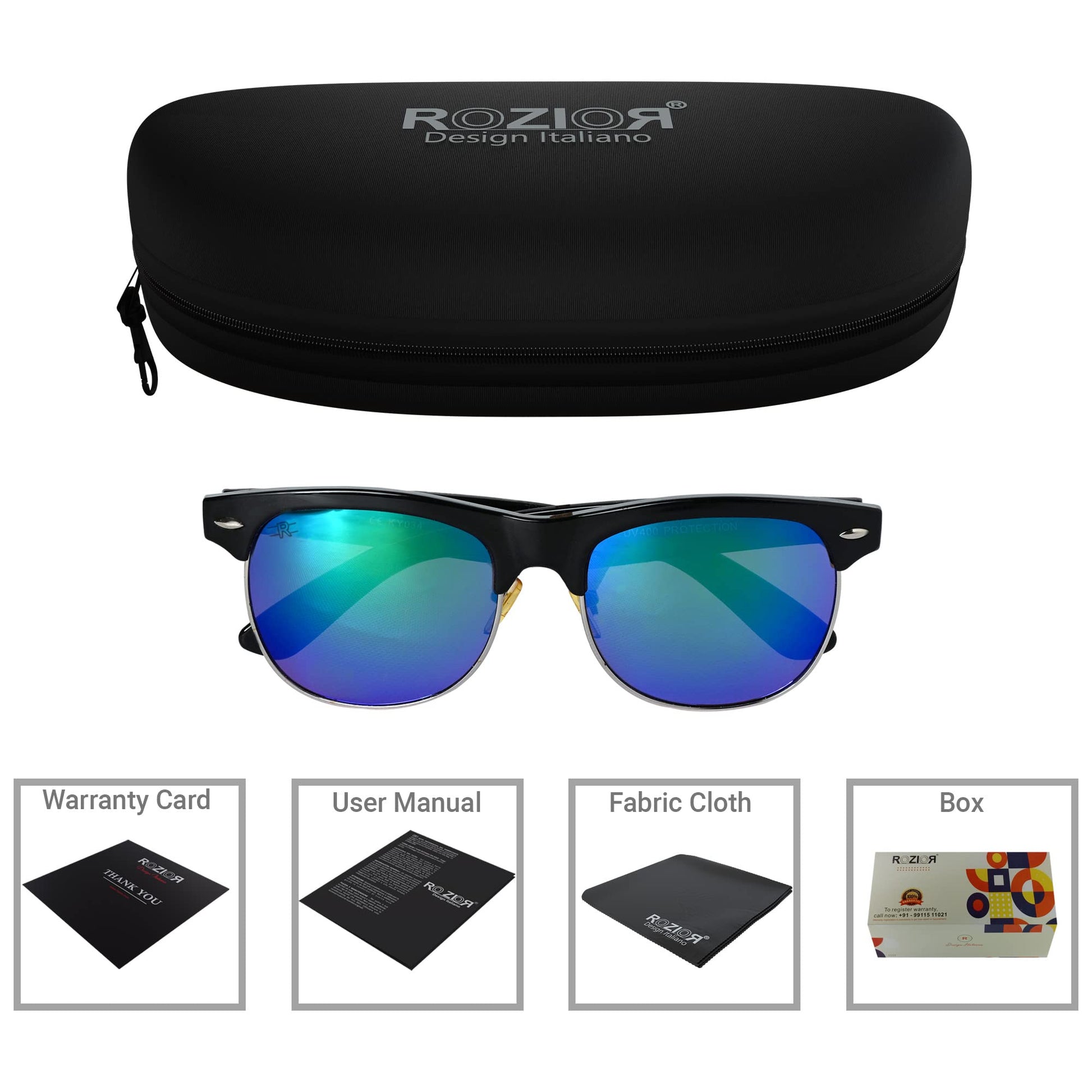 Side profile of ROZIOR UV400 black sunglasses with green mirror lenses for men and women