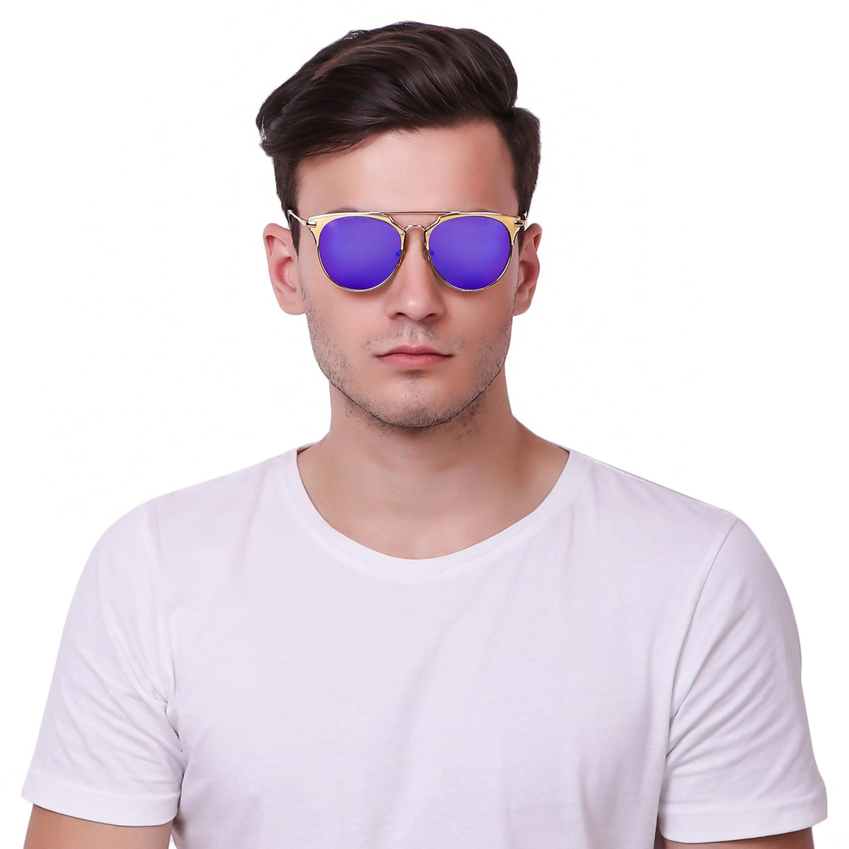 ROZIOR unisex golden aviator sunglasses featuring blue mirror lenses with complete UV protection.