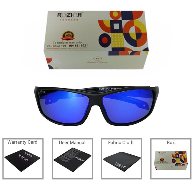 Side profile of ROZIOR unisex polarized sunglasses featuring blue mirror UV protection lens and black frame