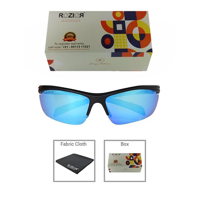 Side profile of ROZIOR unisex polarized sunglasses with ice blue UV protection lens and black frame