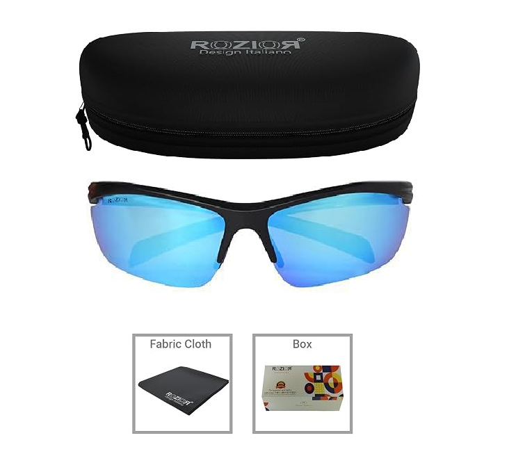 Side profile of ROZIOR unisex polarized sunglasses with ice blue UV protection lens and black frame