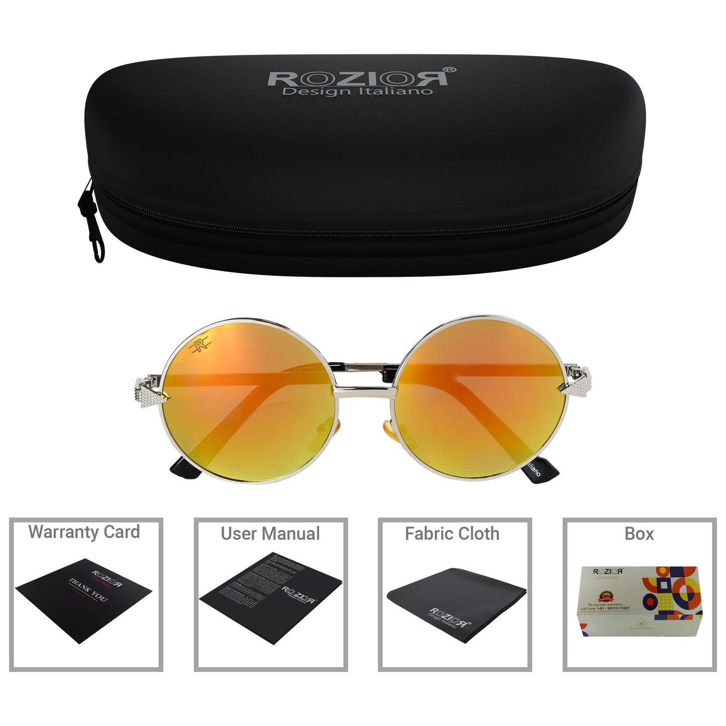 Side profile of ROZIOR unisex silver UV protection sunglasses with golden red mirror lenses