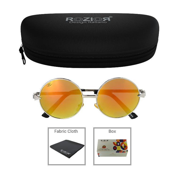 Side profile of ROZIOR unisex silver UV protection sunglasses with golden red mirror lenses