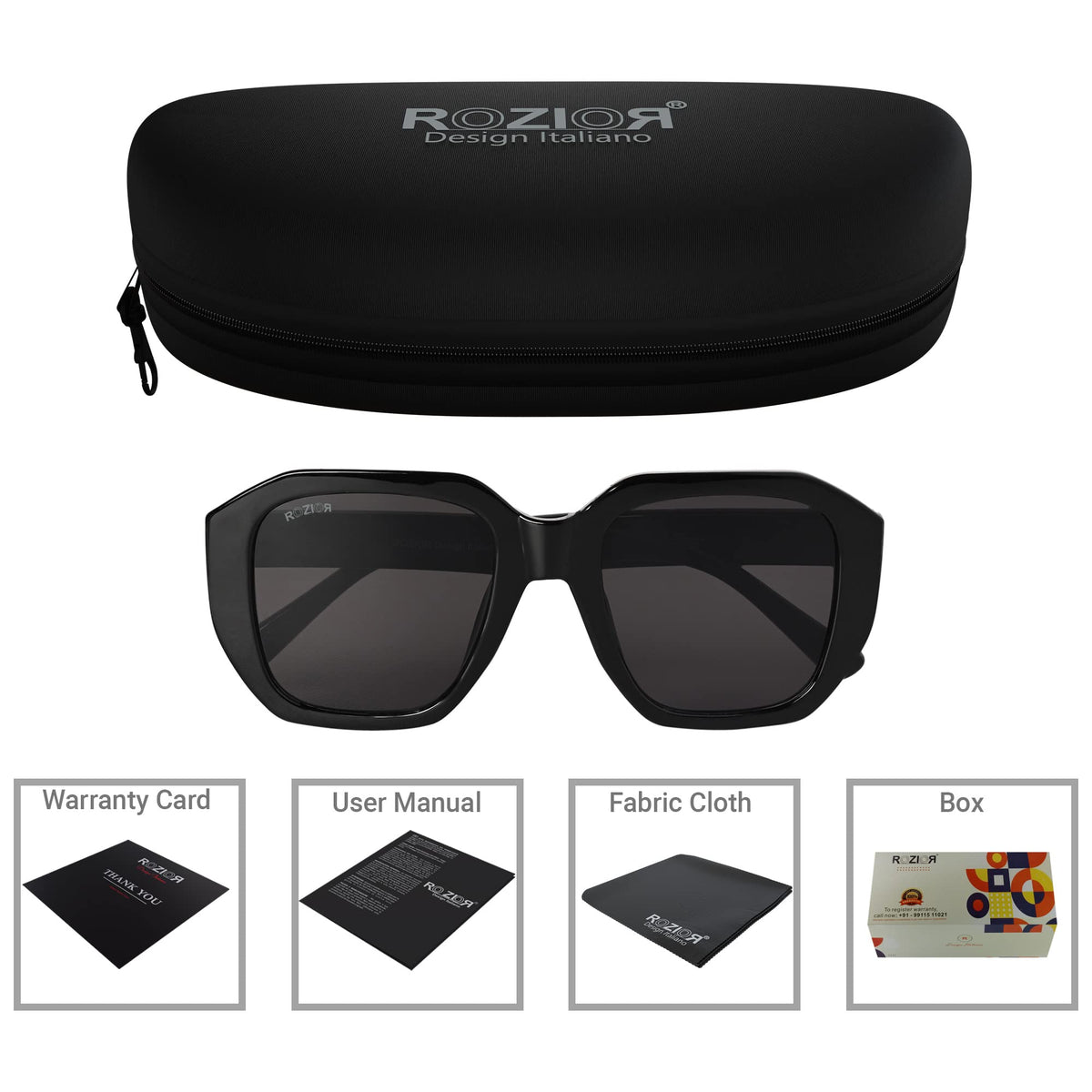 Side profile of ROZIOR unisex polarized sunglasses with lightweight black frame and black UV400 lenses
