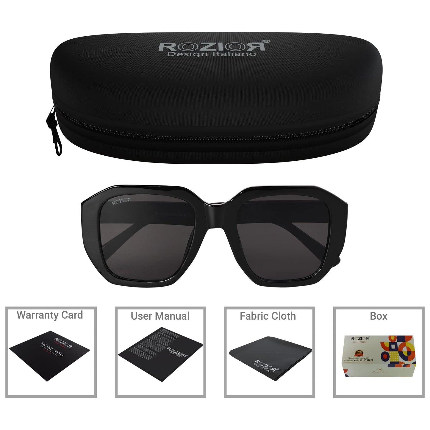 Side profile of ROZIOR unisex polarized sunglasses with lightweight black frame and black UV400 lenses