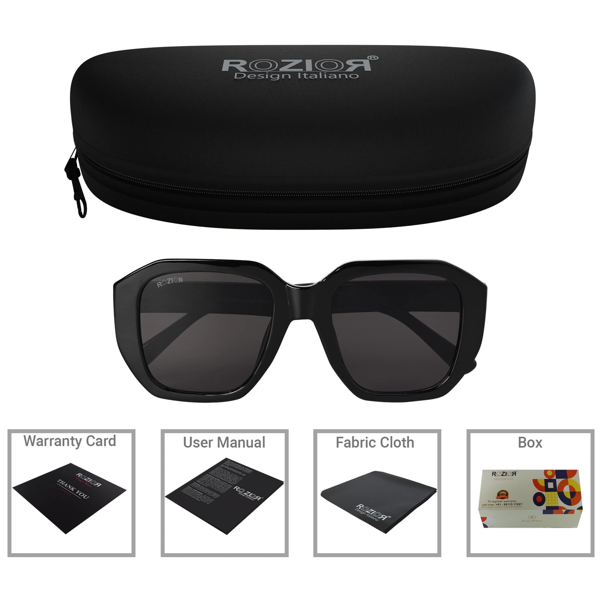 Side profile of ROZIOR unisex polarized sunglasses with lightweight black frame and black UV400 lenses